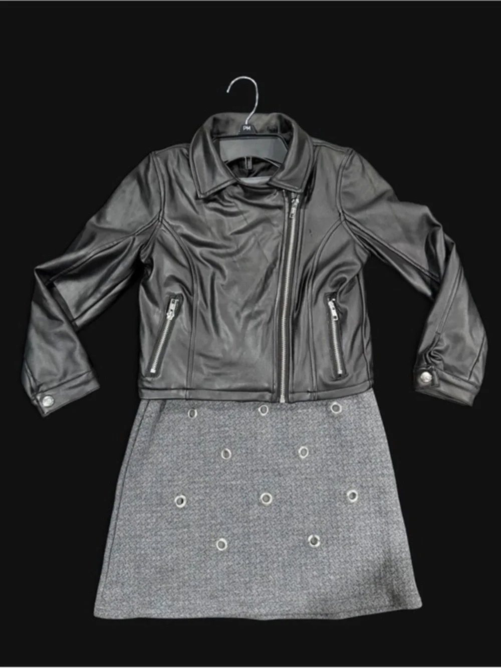 Tiny Rebel Duo: Kidpik Black Moto Jacket + Grey Grommet Skirt -  Size 7/8